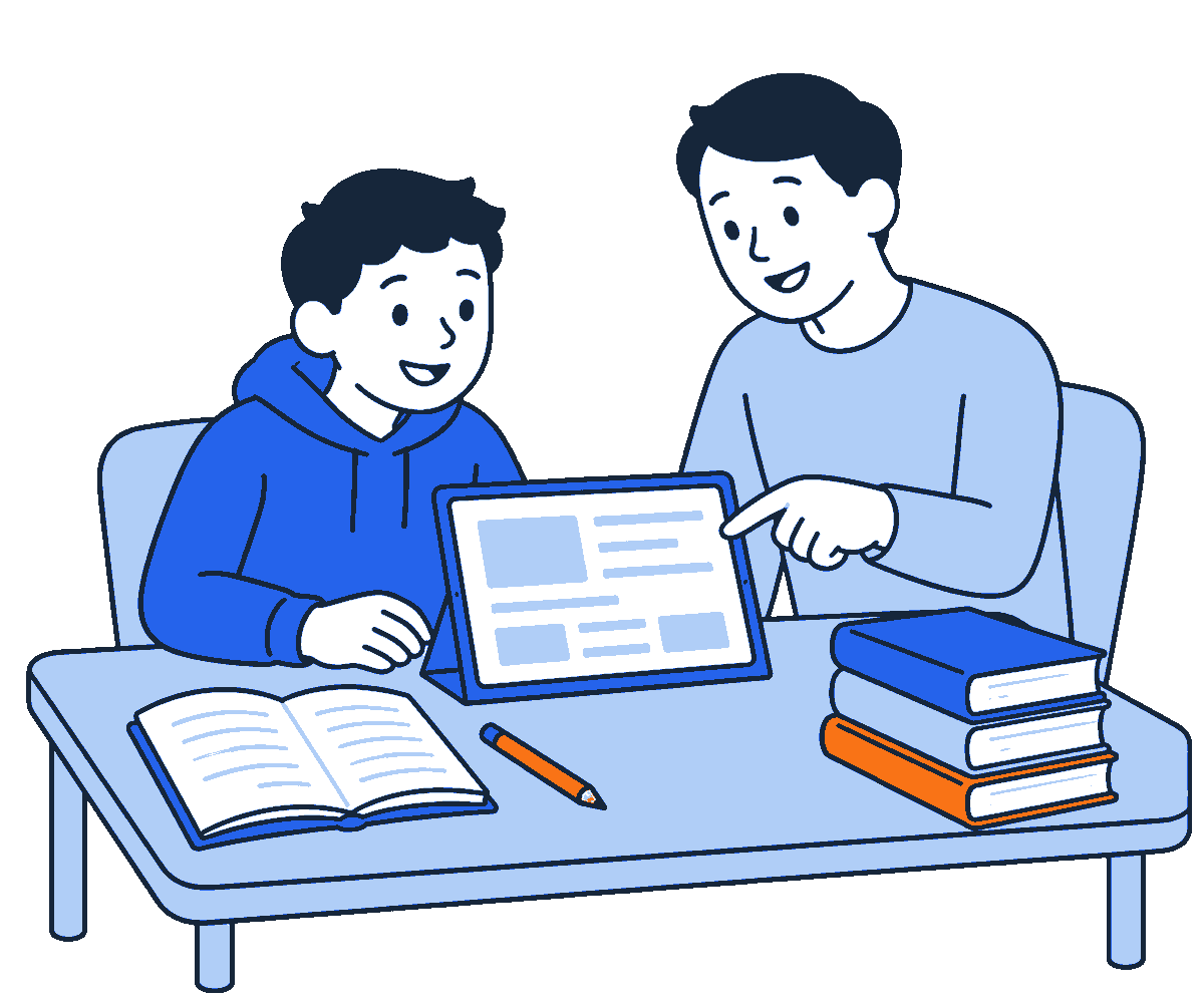 専用AIの画面を見ながら、先生と一緒に勉強している中学生のイラスト